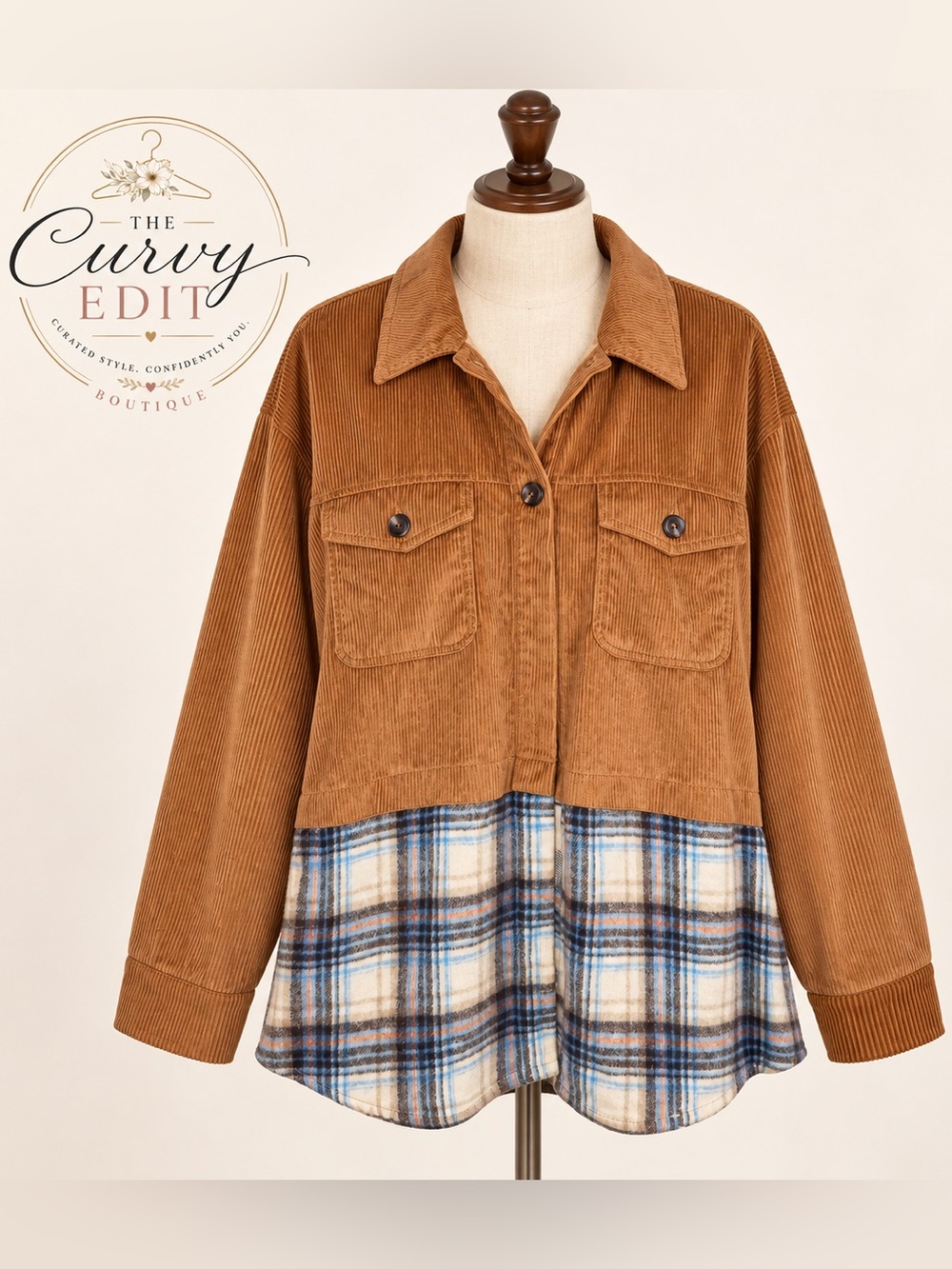 Corduroy Plaid Colorblock Shacket Button Front Jacket Est 2X/3X